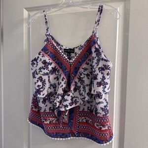 Almost‎ Famous Boho Floral Tank Top L Red White Blue Ruffle Front
